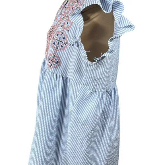 L Love Top Seersucker Blue White Size L Large Ruffle Cap Sleeve - Picture 2 of 7